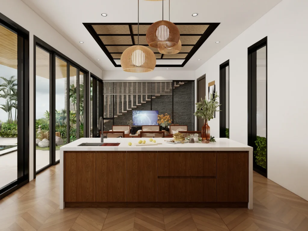 Modern kitchen with melamine cabinets white and warm oak wood veneer sleek design island view