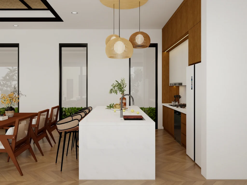 Modern kitchen with melamine cabinets white and warm oak wood veneer sleek design side view
