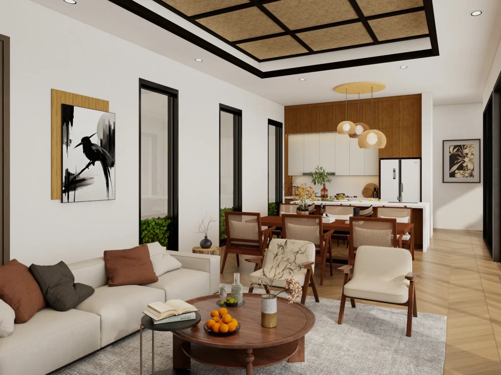 Modern kitchen with melamine cabinets white and warm oak wood veneer sleek design with living room