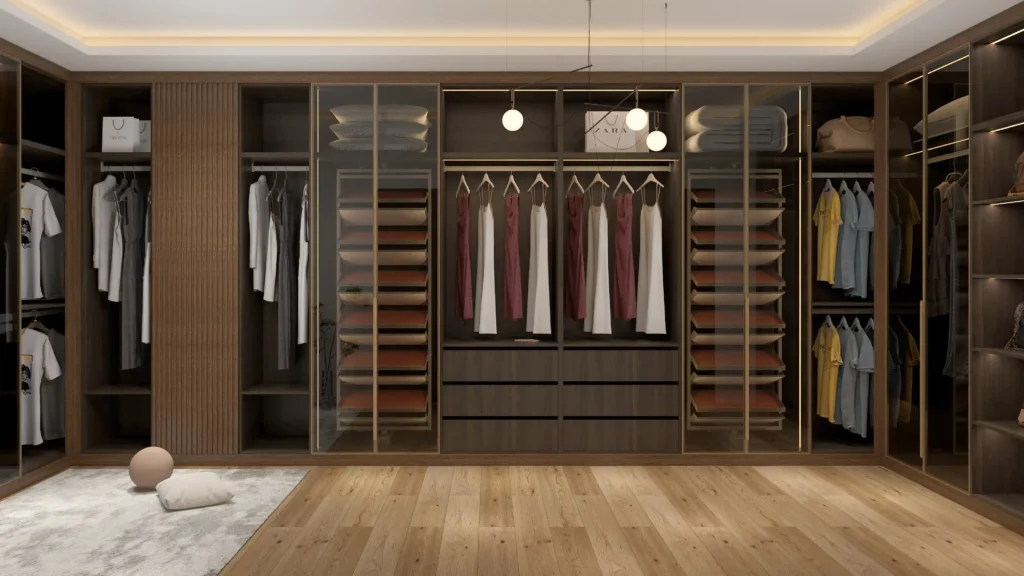 dark wood grain melamine bedroom wardrobe and storage cabinets 3