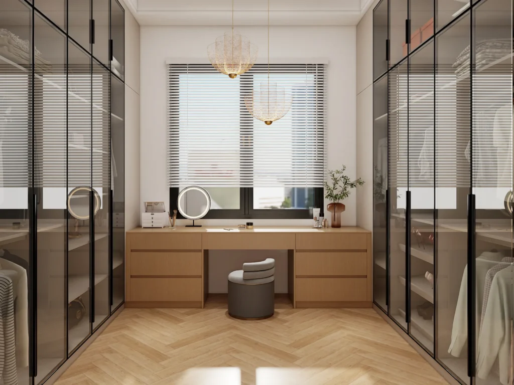 تصميم خزانة ملابس فاخرة فاخرة من سلسلة Crystal Series بتصميم خزانة ملابس فاخرة فاخرة مع غطاء زجاجي بالكامل