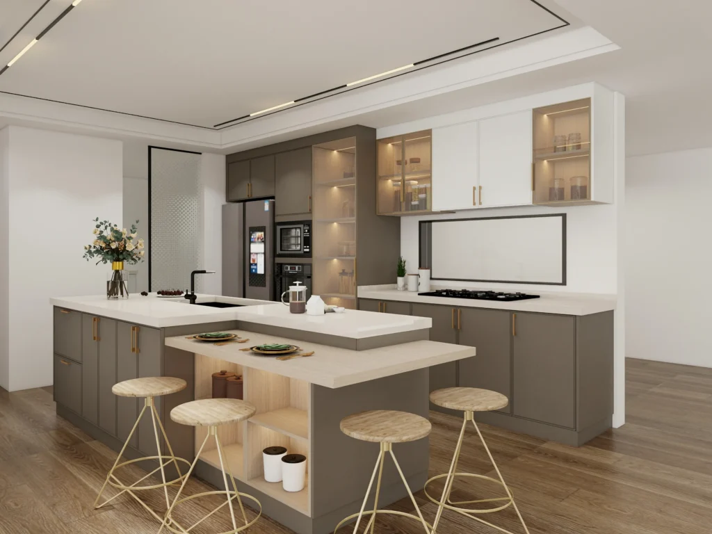 Two Tone white and greige pvc kitchen cabinets