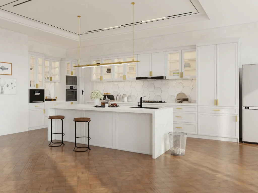 Shaker Cabinets Design Ideas: Colors, Layouts, and Materials 17 shaker cabinets with glass inserts on upper cabinets allowing light and display space in kitchen design