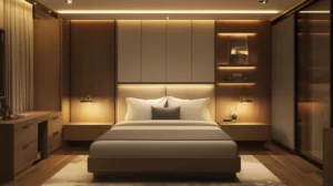 غرفة فندقية عصرية مع حائط تخزين على اللوح الأمامي مدمج به أرفف إضاءة ومنافذ شحن تزيد من مساحة أثاث غرفة الفندق الصغيرة