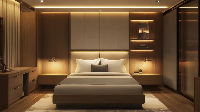 modern hotel room with headboard storage wall integrated lighting shelves and charging ports maximizing small hotel room furniture space
