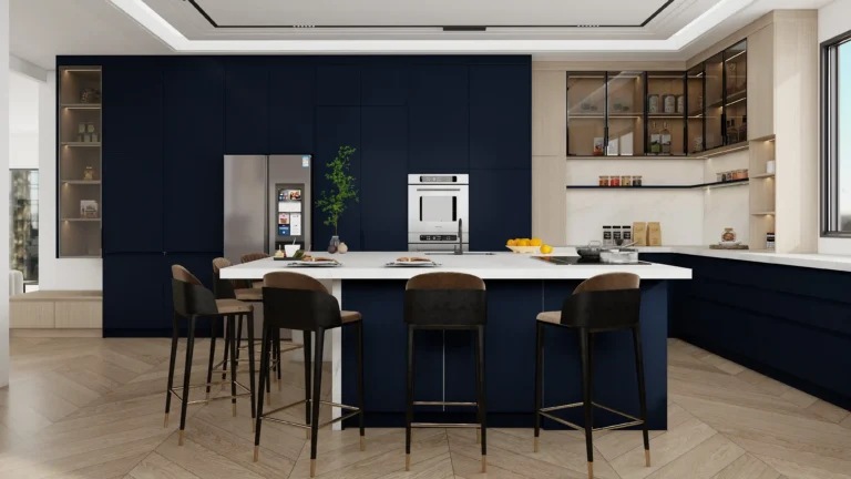 frameless kitchen cabinets with a central island providing extra storage and workspace