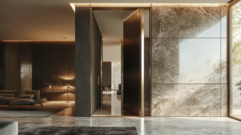 A pivot modern interior door rotating smoothly, creating a sculptural visual effect.