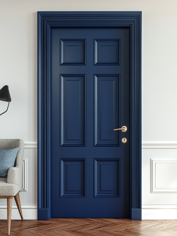أبواب داخلية زرقاء داكنة تخلق نقطة محورية جريئة مع تباين لوني عميق.