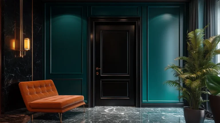 Dark interior doors paired with bold color accents for a vibrant, eye-catching design.