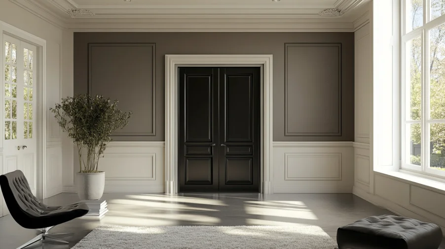 أبواب داخلية داكنة مقترنة بلمسات لونية جريئة لتصميم نابض بالحياة ولافت للنظر.