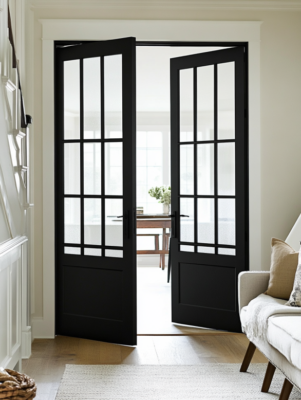 أبواب بإطار زجاجي بلوري داكن يوفر الخصوصية دون التضحية بالضوء.