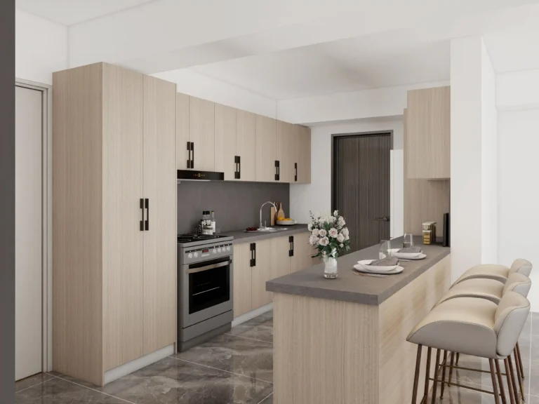 compact galley kitchen layouts with a slim breakfast bar, stools, and efficient prep space