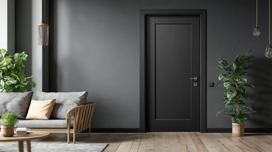 أبواب مغطاة بألواح رمادية داكنة تضفي ملمسًا وأبعادًا على ديكورات منزلك الداخلية.