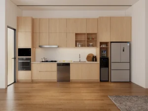 One wall kitchen with tall pantry cabinets placed at the side to maximize vertical storage without blocking workflow.
