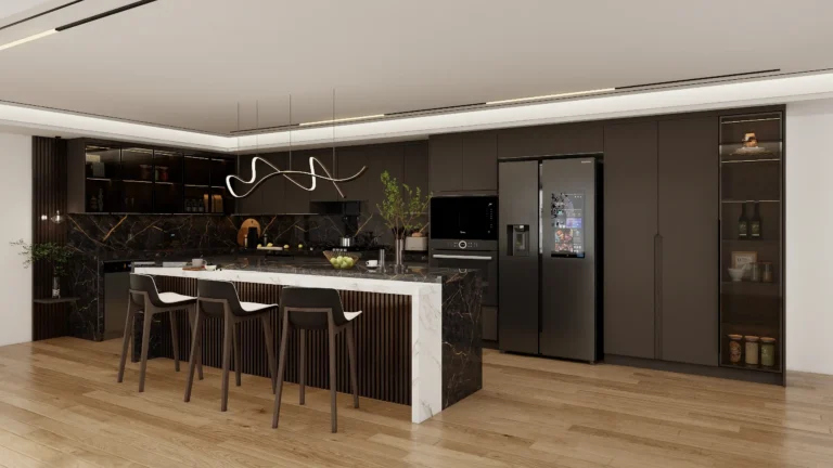 Warm wood L shaped kitchen with natural cabinet tones, light countertop, and cozy modern style.