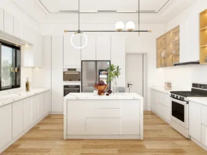 U shaped kitchen with warm wood cabinets and light stone countertops for a balanced and timeless material combination