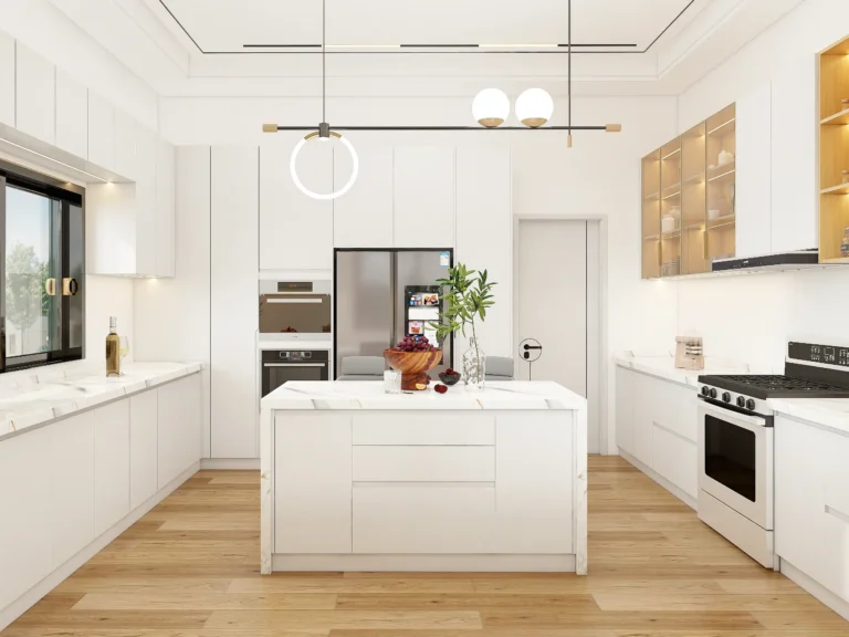 U shaped kitchen with warm wood cabinets and light stone countertops for a balanced and timeless material combination